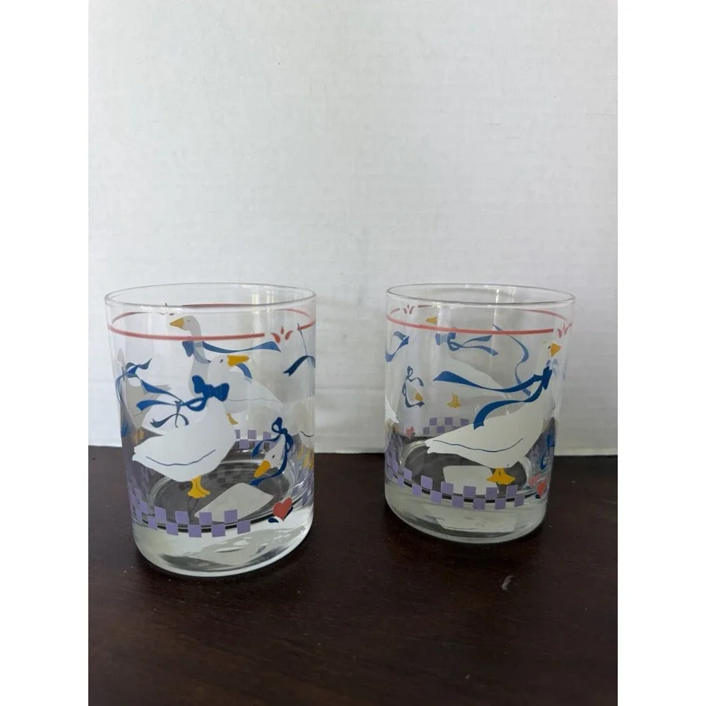 2 Vintage Libbey Country Geese Pink Heart Drinking Glasses Clear Blue Ribbons